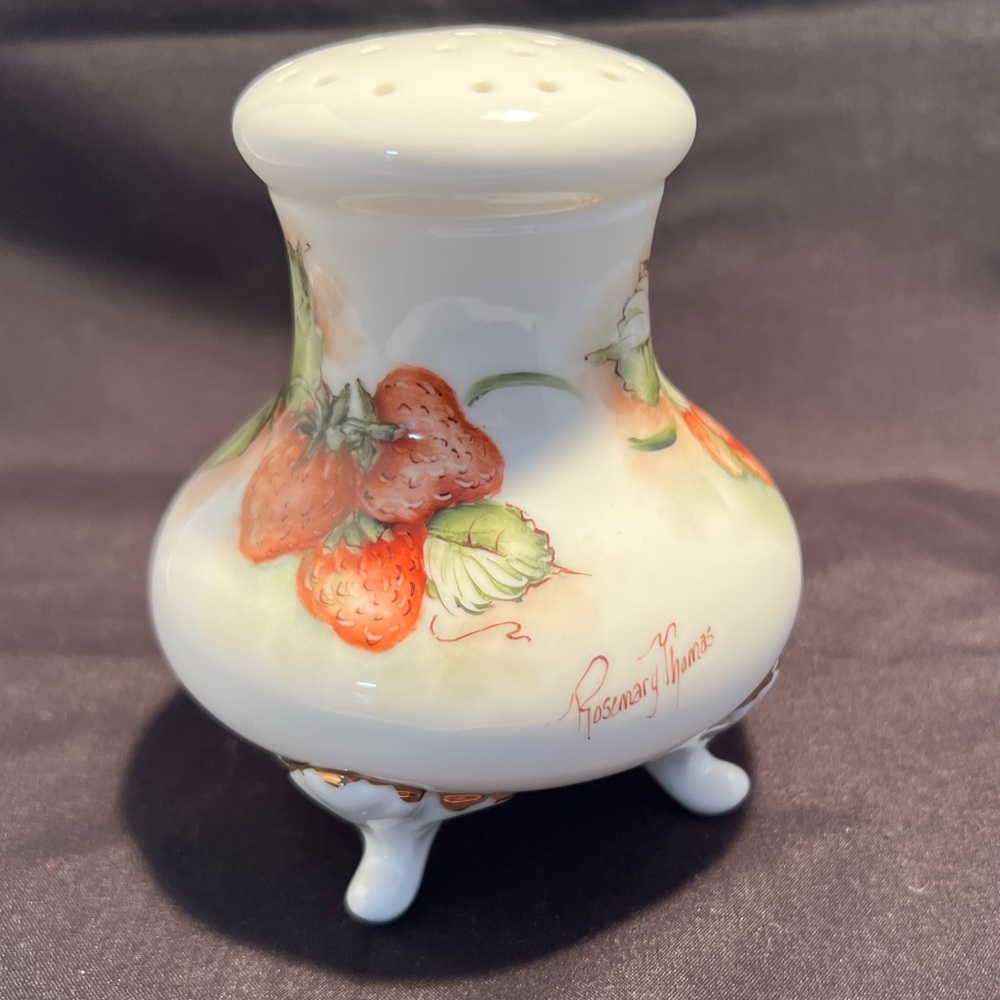 Vintage Victorian Strawberry Hand-painted Footed Gold Trim Powder Shaker signed